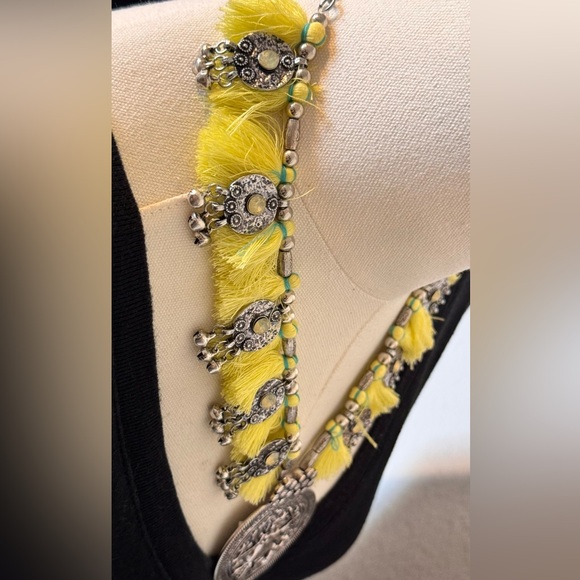 NORDSTROM Maximalist Boho Silver Yellow Fringe Tassel Crystal Statement Necklace - Picture 8 of 15